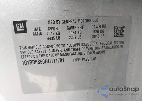 2017 Chevrolet Volt Premier z USA, uszkodzony, nr VIN 1G1RD6S59HU111781